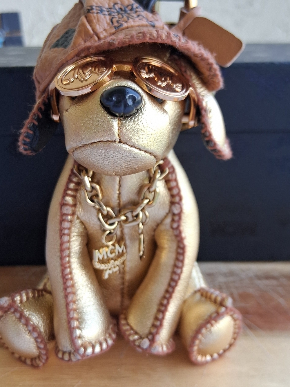 MCM Gold Leather Dog Key Charm with Sunglasses - Picture 5 of 11